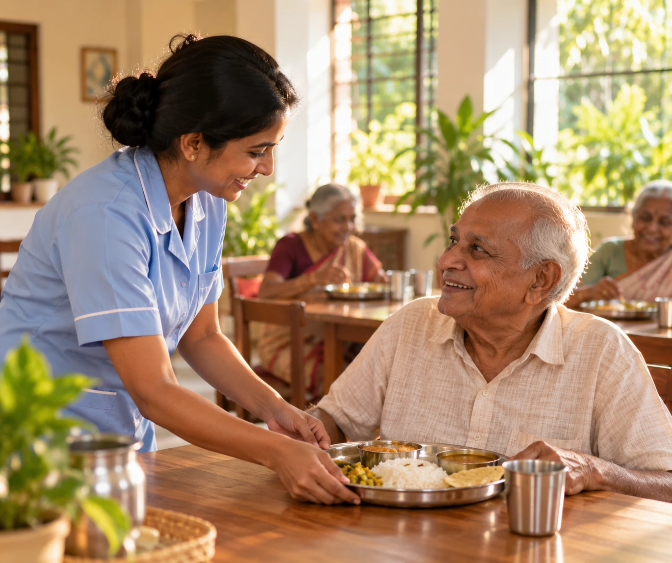 A caregiver serving a South Indian meal to an elderly resident